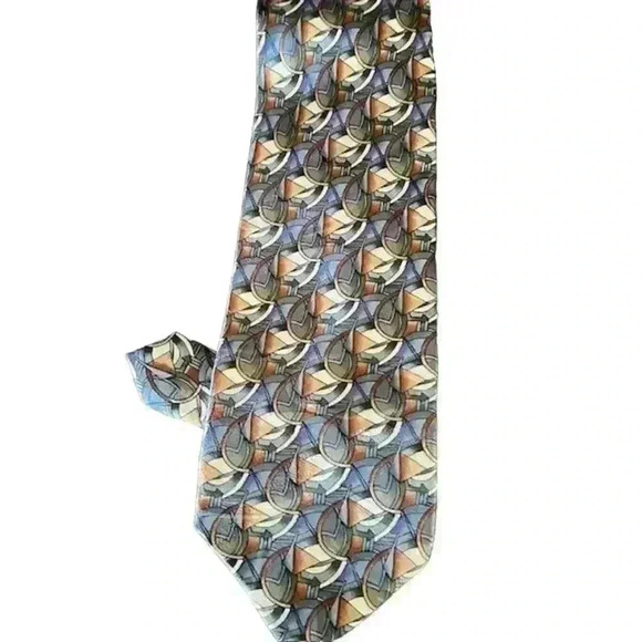 Vintage Jerry Garcia Luxury Blue Gray Orange Geometric Printed Silk Tie - Picture 2 of 6